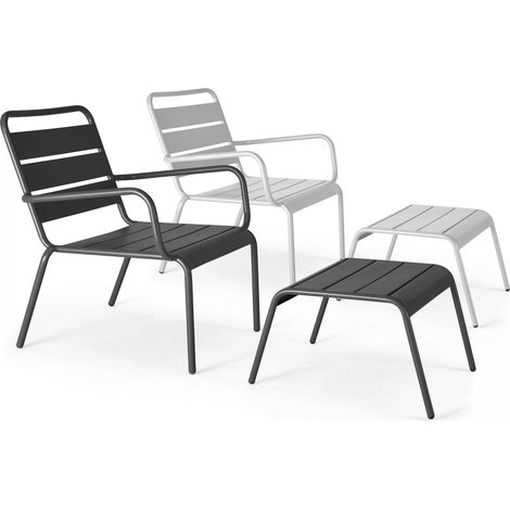 Lot 2 fauteuils relax avec repose-pieds métal gris et blanc - Palavas