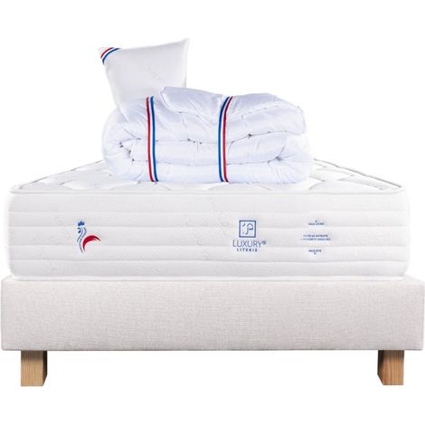 Ensemble Matelas Patriote Mousse, 27 cm, mousses haute densité , ferme, face été/hiver+sommier beige ep20cm+oreiller+couette, 90x190cm (1/5)