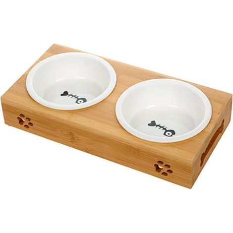 Ensemble de gamelles en céramique pour chat avec support en bambou (1/5)