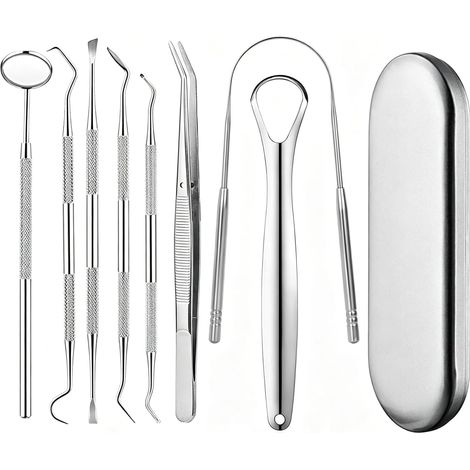 Set 8 Outils Nettoyage Dents, Détartrant, Miroir, Sonde, Inox, Hygiène Bucco-Dentaire, Maison, Professionnel (1/2)