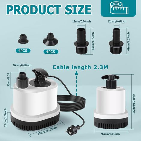 Mini pompe submersible ultra silencieuse 2500 l/h, 40 W, 220-240 V, câble 2,3 m, 3 buses (1/4)
