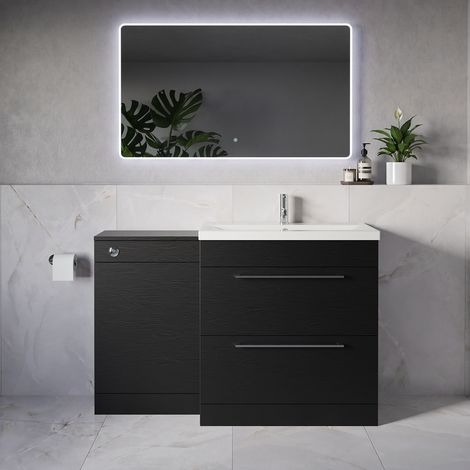 Napoli 390 Nero Oak 1300mm 2 Drawer Vanity Unit Toilet Suite with Glide Basin - 1300mm - Chrome 480mm HandleWithout Kingston Toilet Pan