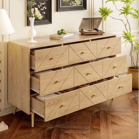 Commode 120x39x80 cm naturel en panneaux de particules avec 9 tiroirs et pieds en fer (1/5)