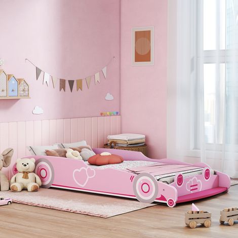 Kinderbett 70x140 cm mit Absturzsicherung und Lattenrost, Auto-förmigem Kopfteil, Rosa