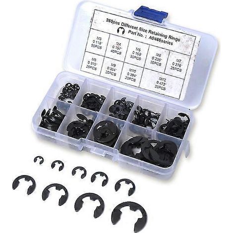Kit de 260 anneaux de retenue en acier au carbone avec agrafes en E, assortis, de 2 à 12 mm, dans une boîte de rangement. (1/5)