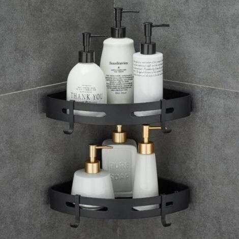 Juego de 2 soportes metálicos de esquina para ducha, no requieren perforación, con 2 ganchos para baño, soporte inoable (negro) (1/4)