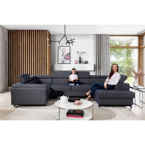 Canapé panoramique convertible, ESTEVE, en tissu prestige luxe gris, 7 places, partie sans accoudoir à droite (vu de face) (1/5)