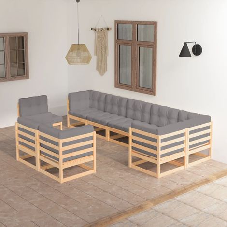 9-tlg. Garten-Lounge-Set mit Kissen Massivholz Kiefer (1/5)
