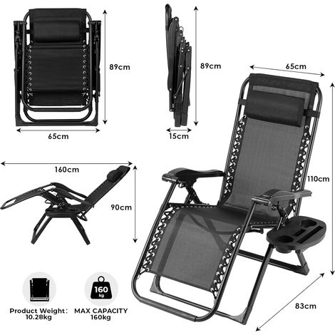 Garten Loungesessel klappbar Outdoor Sessel belastbar 160kg abnehmbare Sitzpolster verstellbare Rückenlehne (Schwarz)