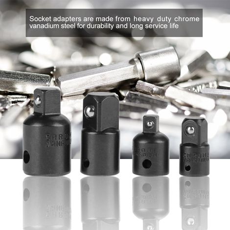 Lot de 4 adaptateurs réducteurs pour douilles en acier au vanadium chromé noir : 1/2", 3/8", 1/4". Adaptateur pour clé
