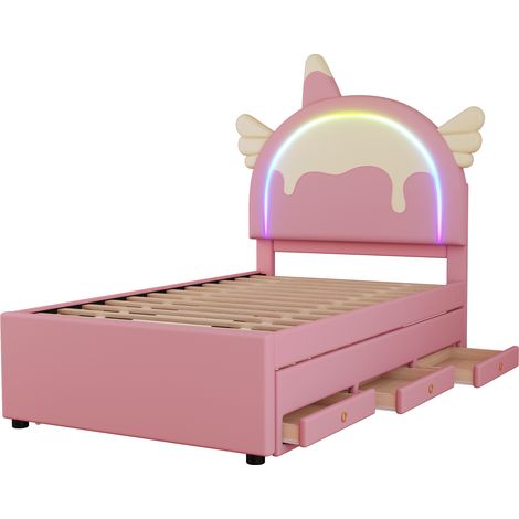 Lit enfant licorne 90 x 200 cm avec lit gigogne et tiroirs, PU rose, HOMVRA (1/5)