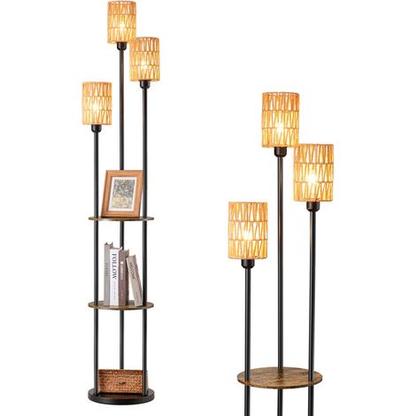 Lampadaire sur Pied Bohème Vintage avec Étagère de Rangement, 3 Abat-Jours en Rotin Naturel, 3xE27 Ampoules LED Incluses, Noyer Moyen