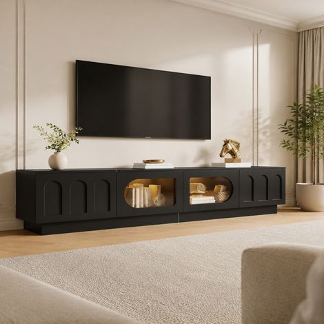 TV-Lowboard 200 cm mit 4 Türen, app-gesteuerter LED-Beleuchtung und Glastüren, Schwarz, OKWISH (1/5)