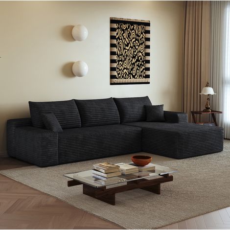 Sofá esquinero modular 270x175x83 cm negro, chaise longue izquierda, tejido acanalado, sin montaje (1/5)
