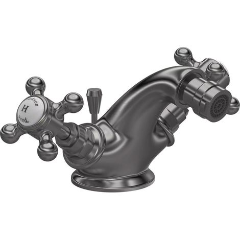 Hudson Reed Topaz Hexagonal Collar Bidet Mixer Tap with Waste Crosshead Handle - White/Brushed Pewter (1/2)