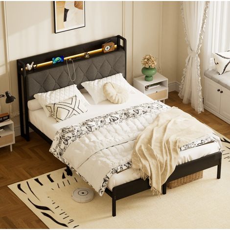 Lit double 140x190 cm en métal et tissu noir/gris, avec rangement pour chambre FloraGrace (1/5)
