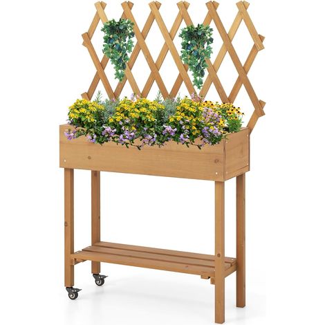 GOPLUS Jardinière Surélevée en Bois avec Treillis à Roulettes, Étagère Inférieure pour Fleurs, Légumes, Herbes, 90x29x129cm (1/5)