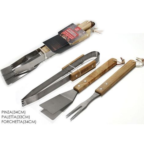 SET 3 UTENSILI CON MANICO DI LEGNO PER BARBECUE