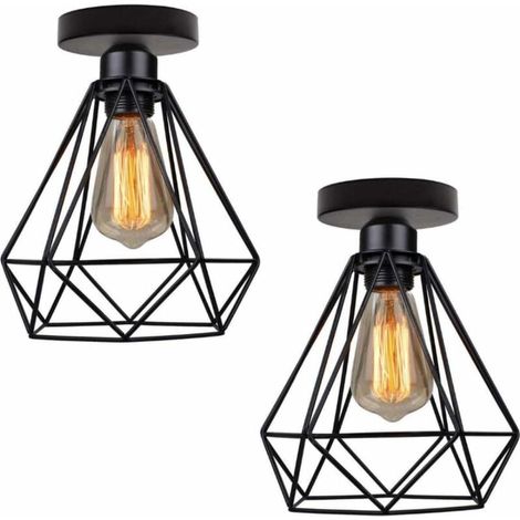 Lampe Plafonnier Métal Industriel - Abat-jour Cage Diamant Mat Noir - E27 Max 40 W - Pour Salon Chambre Café Restaurant - Lot de 2