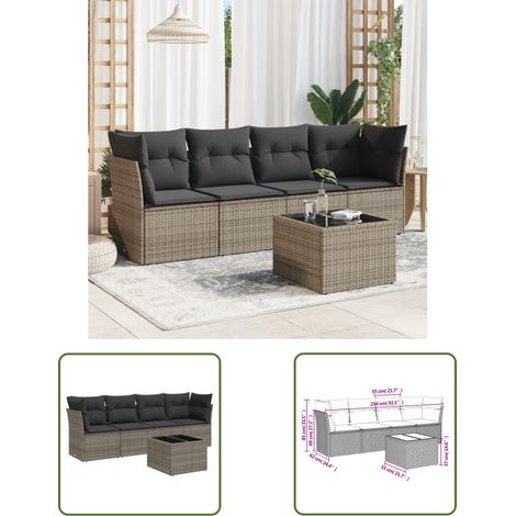 The Living Store 5-tlg. Garten-Sofagarnitur mit Kissen Grau Poly Rattan - Gartensorte - Gartenmöbelset - Lounge Set - Outdoor Möbel - Rattan Sofa