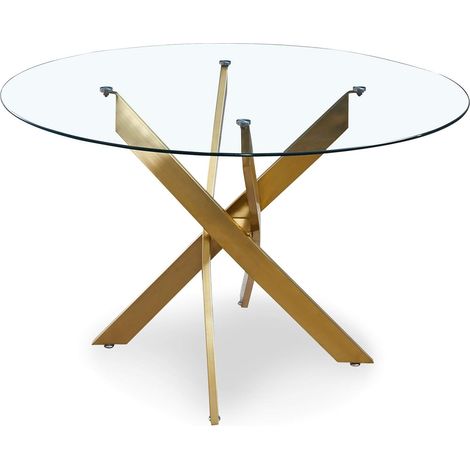 Table Ronde Corix Ø120 x H75 cm avec Plateau Verre Transparent 8 mm et Pieds Dorés et Design Moderne Chic pour Cuisine, Salon ou Séjour (1/4)
