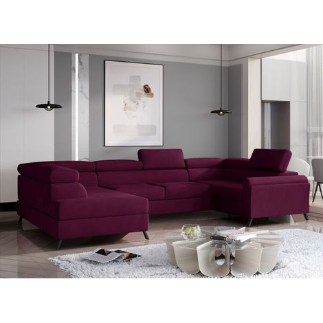 Canapé panoramique convertible SKADA velours – Rangement et appuis-têtes réglables à gauche-Prune-Coffre à gauche (1/5)