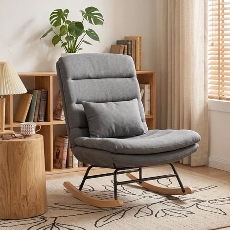 Chaise berçante gris clair aspect lin, haut dossier, assise large double rembourrage et coussin lombaire (1/5)
