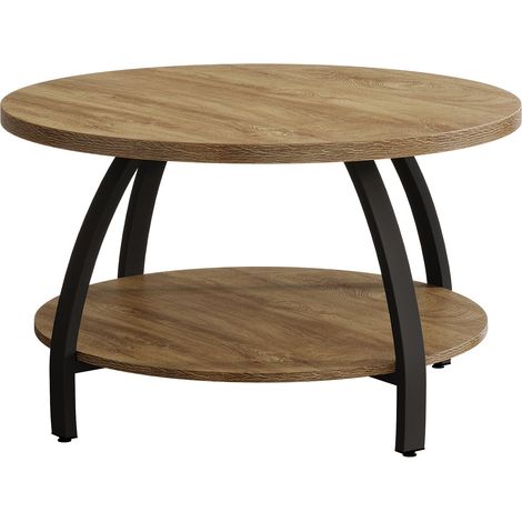 Table basse ronde en bois 80 cm – Table de salon à 2 niveaux avec étagère de rangement, style ferme et rustique (1/5)