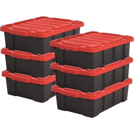 Caisse Rangement avec Couvercle Robuste, 25L, Lot de 6, Rouge, Compact, Durable, Empilable, pour Garage, Etagères, Déménagement, Plastique, Boite a Outils, Bac de Rangement, DDSKT-230 (1/5)