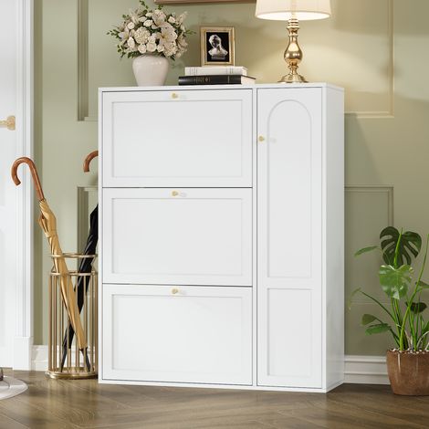 Meuble à chaussures - 90x25x114 cm - 1 porte - rangements intégrés - mdf et panneaux de particules - élément rabattable - blanc (1/5)