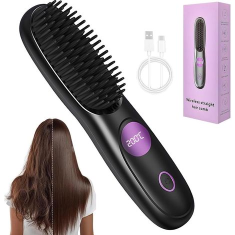 Kabellose Haarglättungsbürste für kurzes und langes Haar – Kabelloser elektrischer Haarglätter – 3 Heizstufen – Für Frauen und Mädchen (1/5)