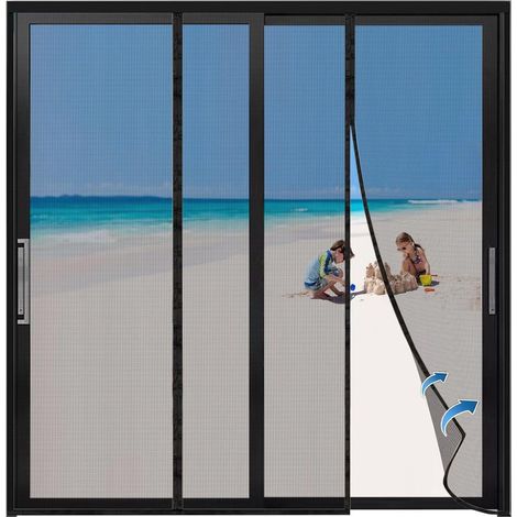 Moustiquaire Porte-Fenêtre, 240x215cm Noir Magnétique Fermeture Automatique Ultra Fine Rideau Moustiquaire Aimanté pour Porte Anti Mouche Installation Sans Perçage avec Bande Adhésive