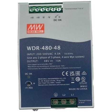 MW MEAN WELL WDR-480-48 Alimentatore Slim DIN Rail 480W 48V 10A Input 180-550V