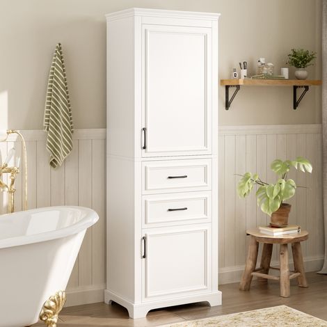 Armario alto de baño 60x40x180 cm de MDF, 2 cajones, 2 armarios y estantes ajustables, blanco (1/5)