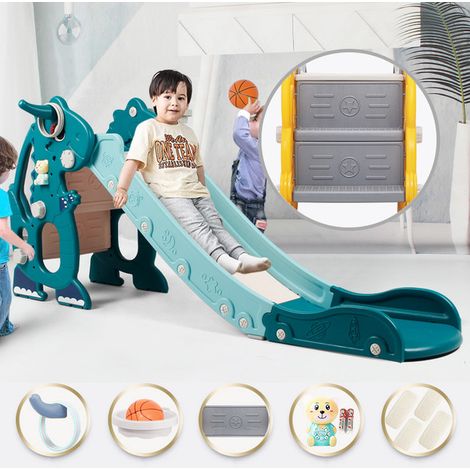 Toboggan Antidérapant pour enfant - avec panier de basket - Jeu d'anneaux- Dès 2 Ans - Dinosaure Vert (1/5)