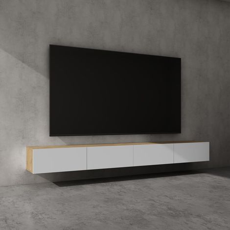 doporro Mobile Porta TV Sospeso 280 cm con 4 Ante Marrone Chiaro e Bianco Opaco, Credenza Bassa da Soggiorno Salotto, Madia Consolle Bicolore per TV Fernsehschrank02