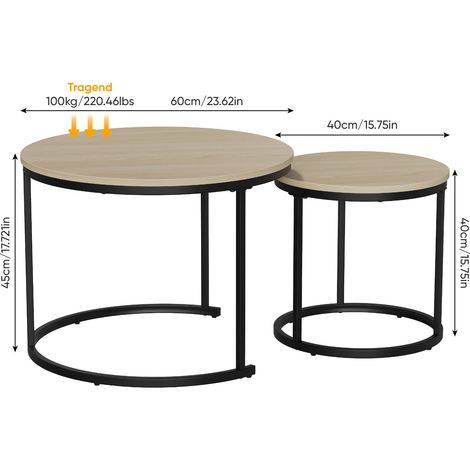 Zweiteiliges, ineinander schiebbares Couchtisch-Set, Eichenfurnier, runder Couchtisch mit einem Durchmesser von 60 cm, Metallgestell, moderner Stil, geeignet für Wohnzimmer, Schlafzimmer, Balkon. (1/5)
