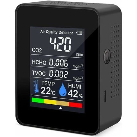Détecteur de qualité de l'air Portable Jauge de CO2 Mesureur de température numérique Testeur d'humidité Détecteur de CO2 TVOC Formaldéhyde HCHO (1-Noir)