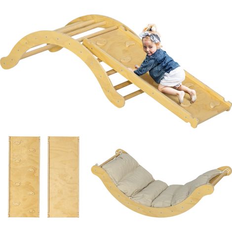 Kit d'escalade pour enfants, design 4-en-1 avec pont en arc, bascule-balancelle, coussin, rampe de glissade, pour intérieur, en bois
