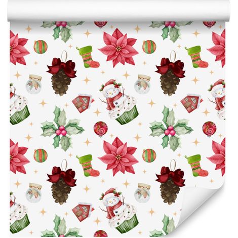 Carta da parati natalizia bianca, corallo e grigio chiaro 50x1000 cm (1/5)