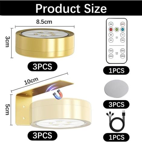 Éclairage de tableau sans fil avec télécommande - 3 lampes LED magnétiques dimmables et rechargeables, 3 couleurs de lumière, éclairage pour tableaux et cadres, or (1/4)