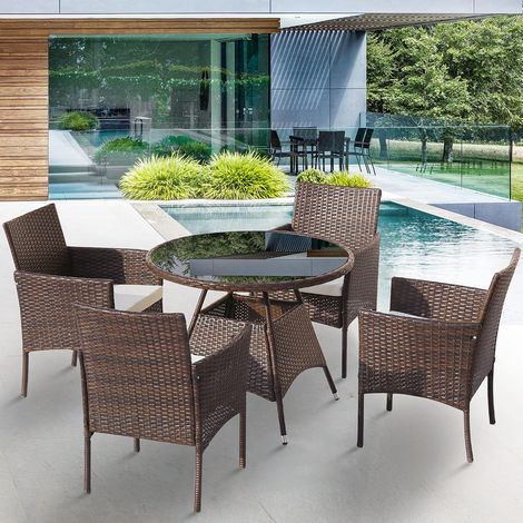 Conjunto de muebles de jardín de ratán de 5 piezas con 4 sillas y 1 mesa de centro con tablero de cristal para jardín, cafetería, patio, piscina, uso exterior e interior. (1/5)