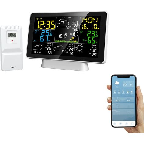 Estación meteorológica inalámbrica con sensor exterior WiFi, temperatura interior y exterior, presión atmosférica/barómetro, humedad, pronóstico de 4 días con aplicación y tendencia de temperatura.