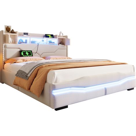 Lit coffre 160x200 cm avec LED connectées, ports USB/Type-C et prise, rangement hydraulique, tête de lit avec compartiment, beige tissu, sans matelas – CHICFURN (1/5)