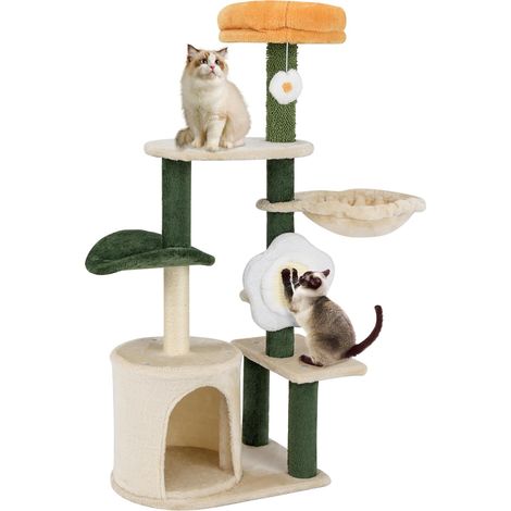COSTWAY Tiragraffi per Gatto Alto 114 cm Forma di Fiore, Albero Tiragraffi Gatto con Amaca, Grotta e Palla Pompon, Torre Tiragraffi per Gatti con Pali e Tavola in Sisal, Verde e Beige (1/5)