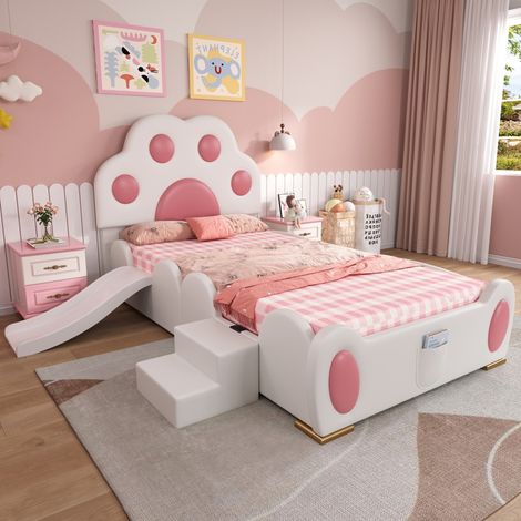 Lit enfant capitonné 90x200 cm tête de lit patte de chat avec toboggan et échelle, blanc/rose revêtement PU (sans Matelas) (1/5)
