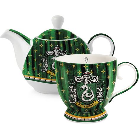 Pack Tetera y Taza Harry Potter Slytherin, Set Apilable de Cerámica con Escudo de la Casa, Diseño Verde y Plateado, Producto Oficial Warner Bros – Paladone