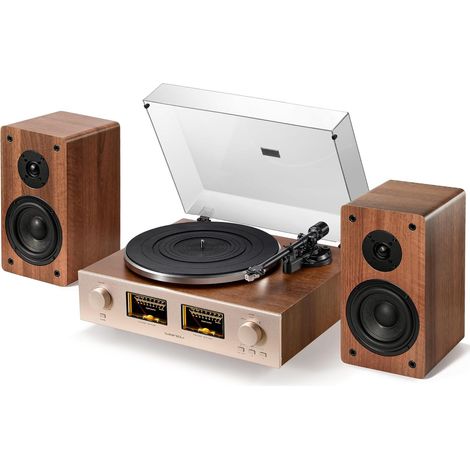 Platine Vinyle, Système Tourne-Disque avec Enceintes Bibliothèque 100W, VU Mètre, Préampli DSP, Compatible 33/45 RPM, RCA Line in  Out (1/5)