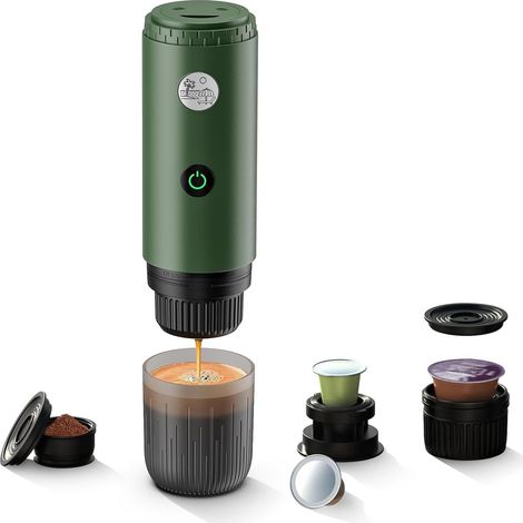 Machine à café portable 3 en 1 19 bars avec chauffage automatique, compatible avec les capsules et ainsi que le café moulu pour le camping, la randonnée, les voyages et la maison (vert (1/5)