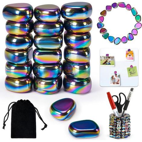 20 aimants en hématite colorés, pierres magnétiques de forme irrégulière avec un sac de rangement, pour adultes, idéales pour soulager le stress, la décoration ou le bureau. (1/5)